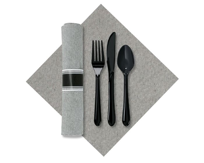 Shop for 7.5 in x 4.25 in Pre-rolled Linen-Like Natural CaterWrap Gray Onyx Dinner  Napkins with Black Cutlery 100 ct.