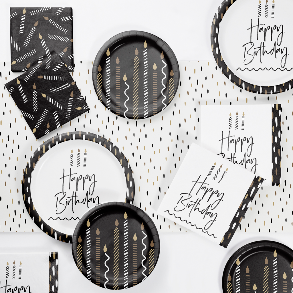 happy birthday black and white paper plates and napkins