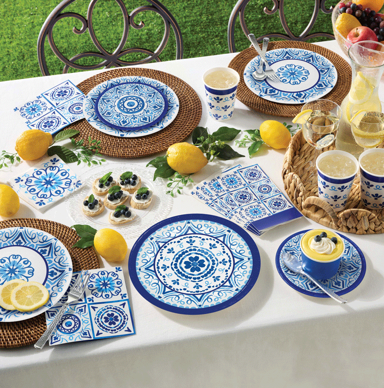 Decorative party goods, paper plates, paper napkins, streamers, and party supplies by Hoffmaster