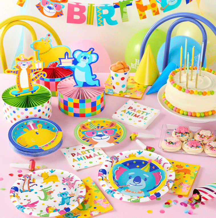 Decorative party goods, paper plates, paper napkins, streamers, and party supplies by Hoffmaster